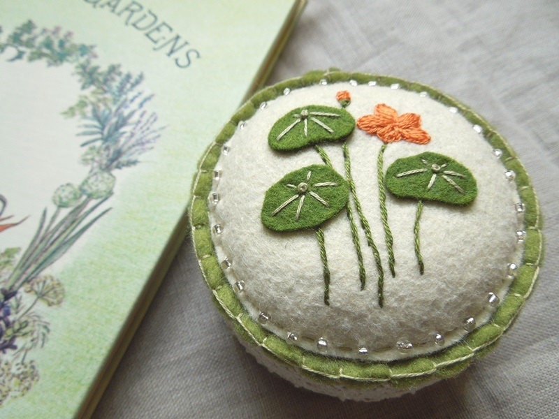 Botanical Embroidered Felt Flower Pincushion with Orange and Green Nasturtium