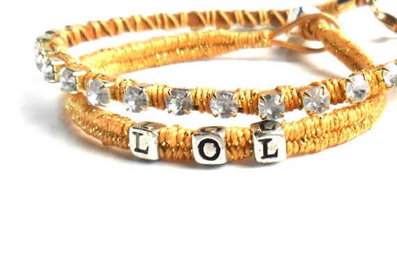 Personalized  woven Bracelet sterling silver stamped beads Crystal chain leather Texting