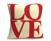 Red Love Throw Pillow Cover Appliqued Eco-Felt on Antique White - 18 inches
