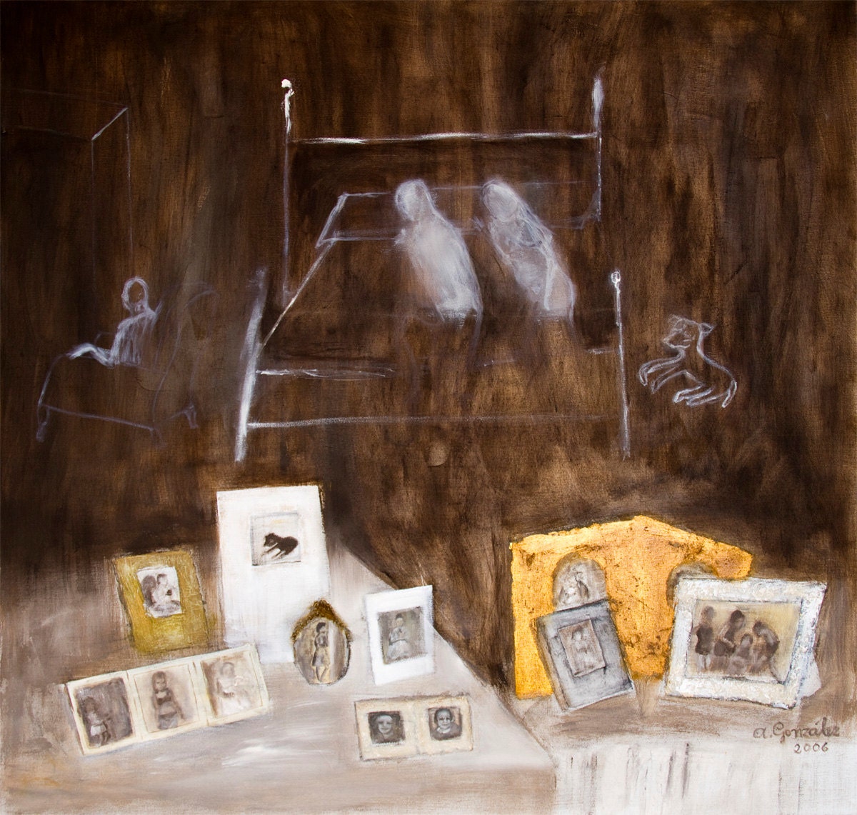 Abstract Original large Painting 36x36 oil, mixed media canvas golden ocher brown gray white Spanish Art