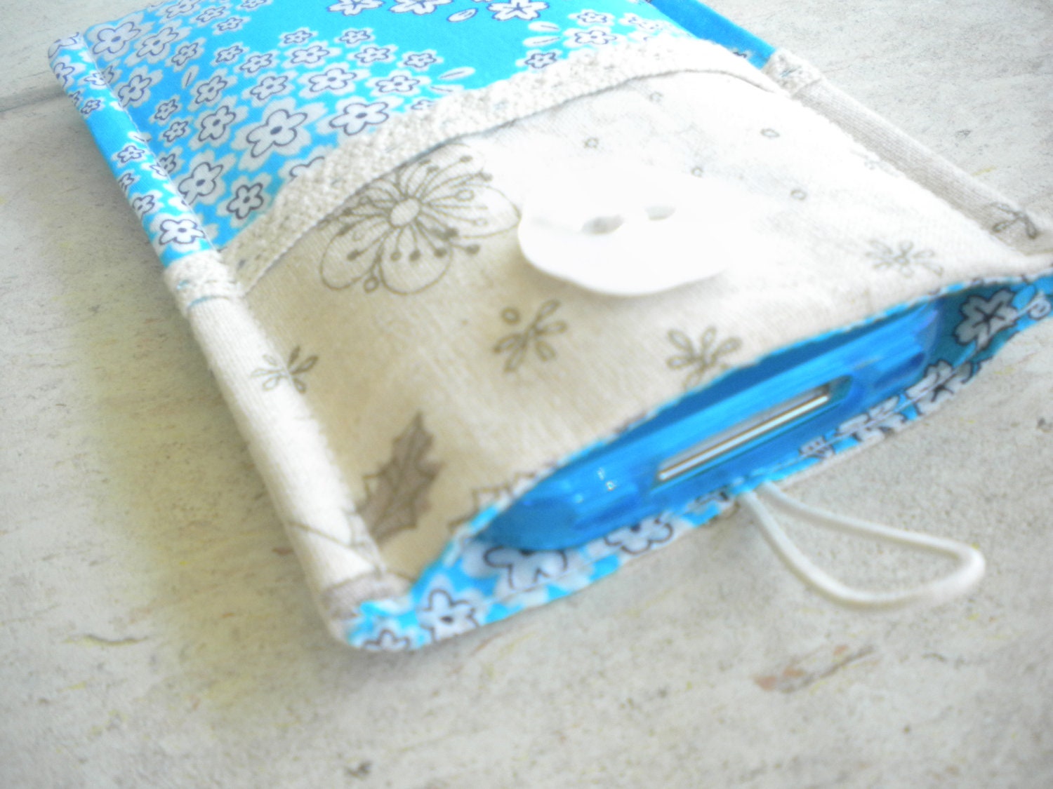 Handmade iPhone Holder Fabric Cell Phone Case Hydrangeas Linen, Cotton, With Earbud Pocket