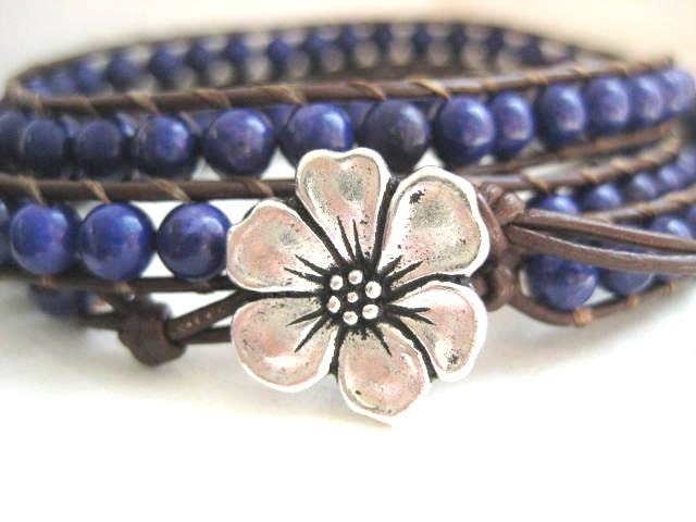 Deep Blue Howlite Lapis Gemstone and Brown Leather Triple Wrap Bracelet Chan Luu Style