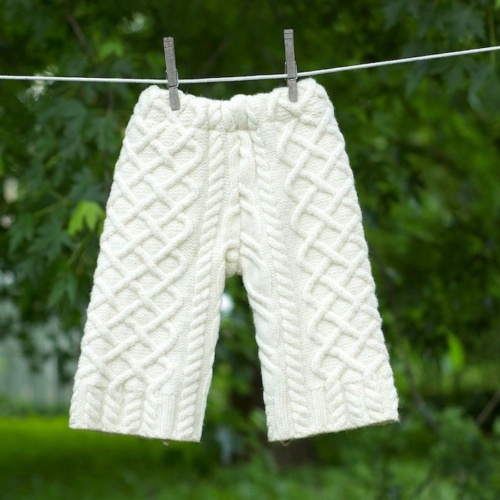 Upcycled Lambswool Longies in Cream Cables  Diaper Cover  Cloth Diaper Soaker LARGE 6-12 Months