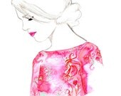Print from original watercolor and pen fashion illustration by Jessica Durrant, titled Rose Gold