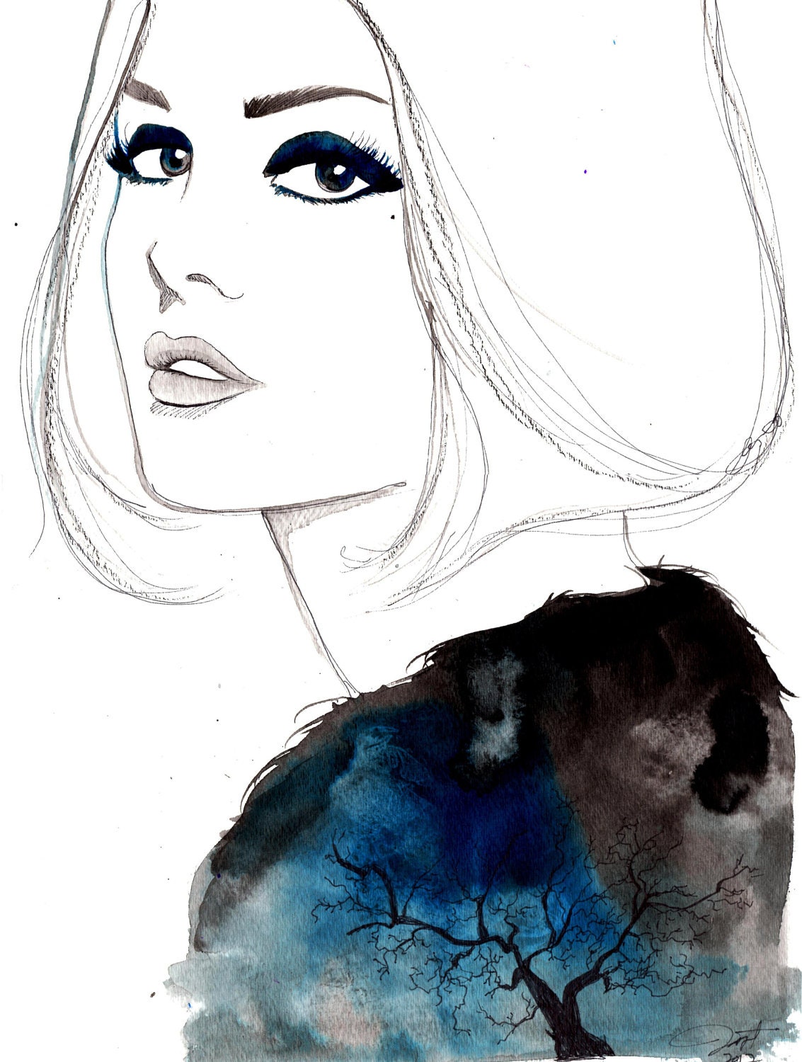 Original watercolor, pen, and charcoal illustration by Jessica Durrant titled, The Lone Tree