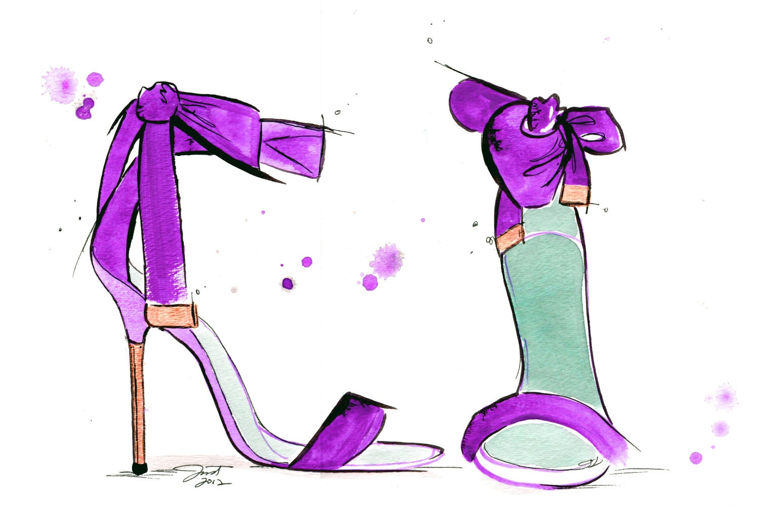 Original watercolor and pen fashion illustration by Jessica Durrant titled, Little Strappy Heels