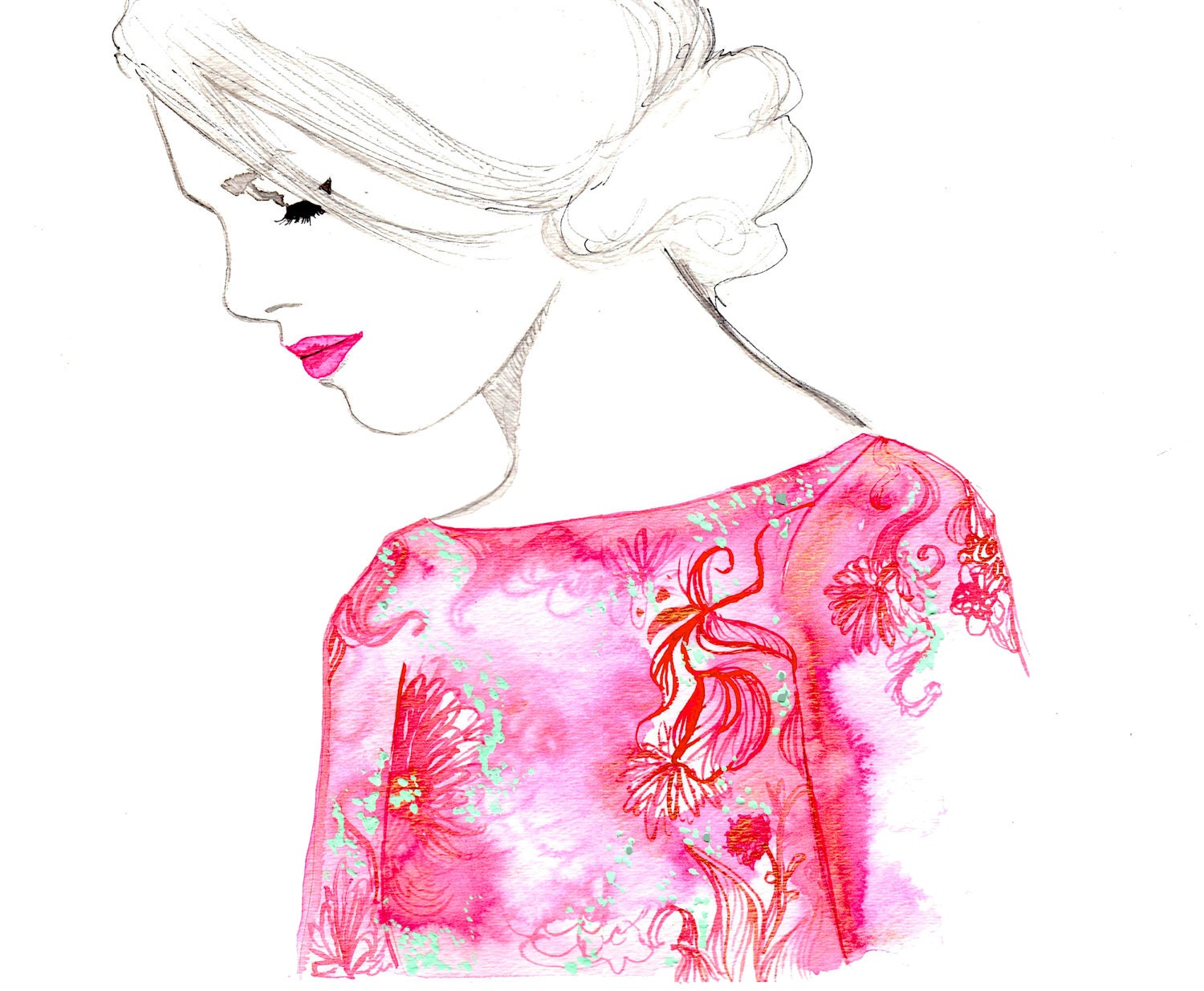Print from original watercolor and pen fashion illustration by Jessica Durrant, titled Rose Gold
