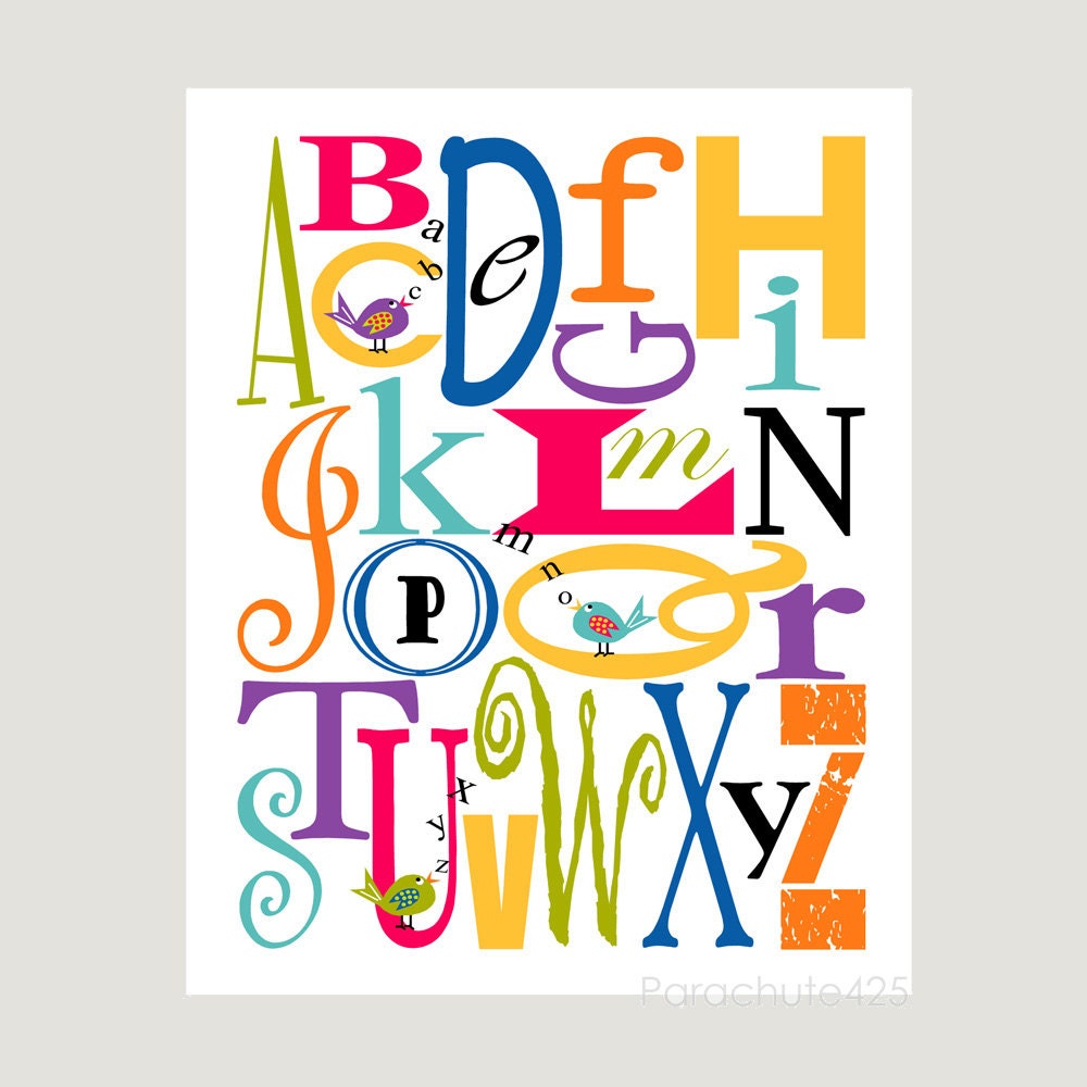 ABC Birds, 8x10 digital print, colorful alphabet, bird print, typography, bright colors, childrens art