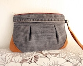 Denim Clutch/ Pleat Wristlet/ Pouch in Upcycled Grey Denim, Faux Suede & real Leather-READY TO SHIP--