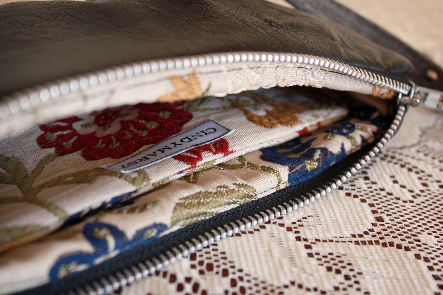 Elsa Bagette style wristlet/ pouch/ makeup bag in Upcycled Leather & Lace- Ready to Ship--Save 10% w/ Code SAVE10
