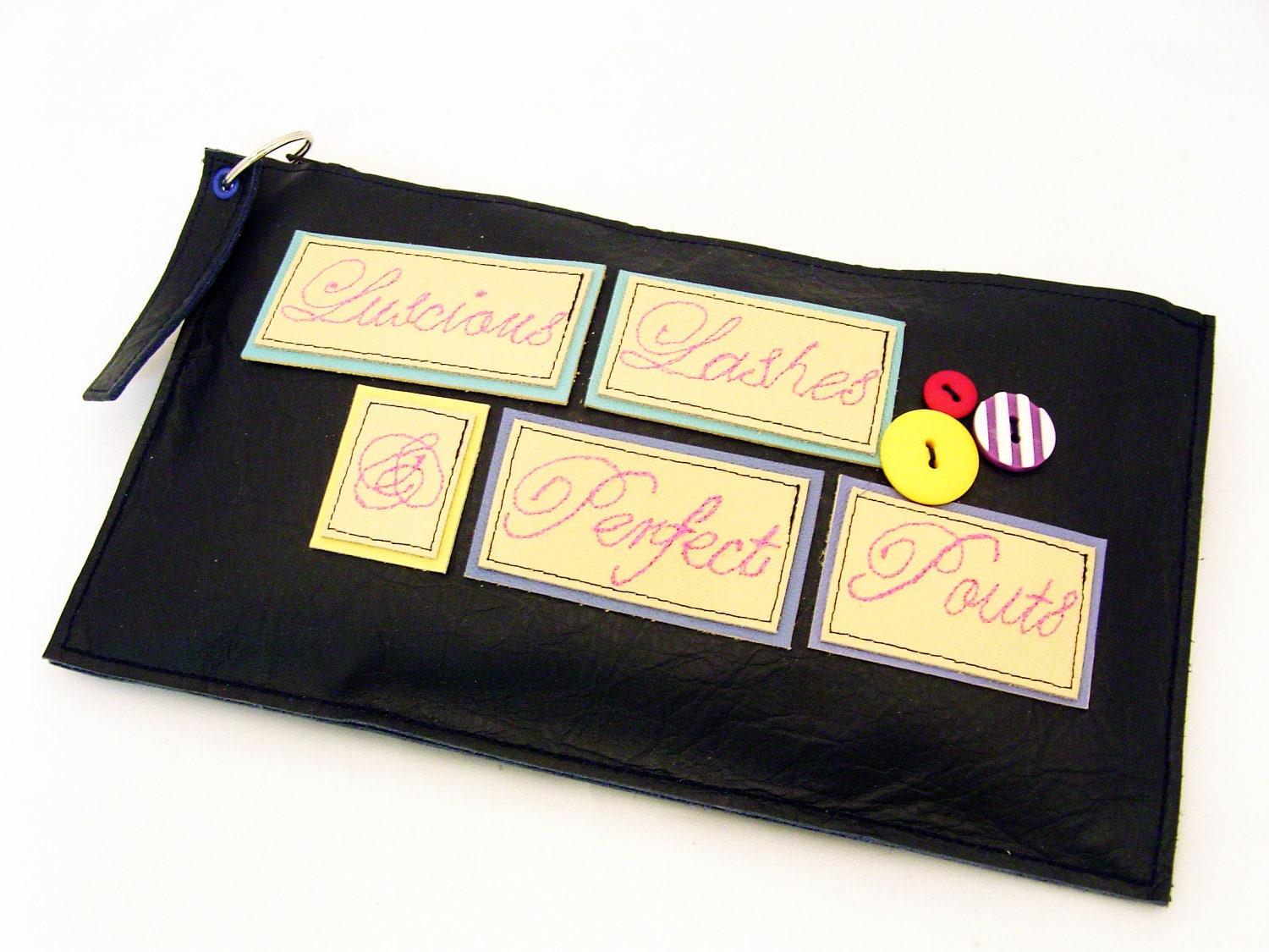 Leather Make up Bag with Fabulously Fun words,Luscious Lashes & Perfect Pouts, Made to Order with your choice of leather, buttons and gems