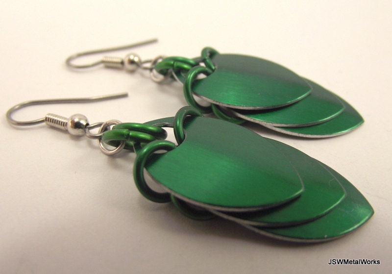 Sleek Green Small Scale Earrings, Scalemail, Scale Earrings, Aluminum Earrings