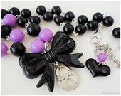 Black and Purple Beaded Padlock Necklace with Oversized Bow, Silver Plated, Chunky - Gothic Lolita, Pastel Goth