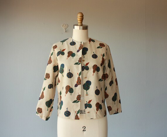 1960s jacket / linen jacket / 60s cropped jacket / pear print jacket / novelty print - size small