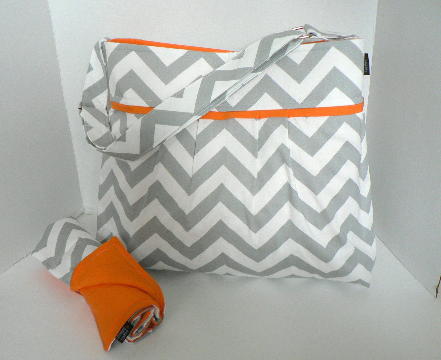 Monterey Bag Large Diaper Bag Set - In Grey Chevron and Orange - Adjustable Strap and Elastic Pockets