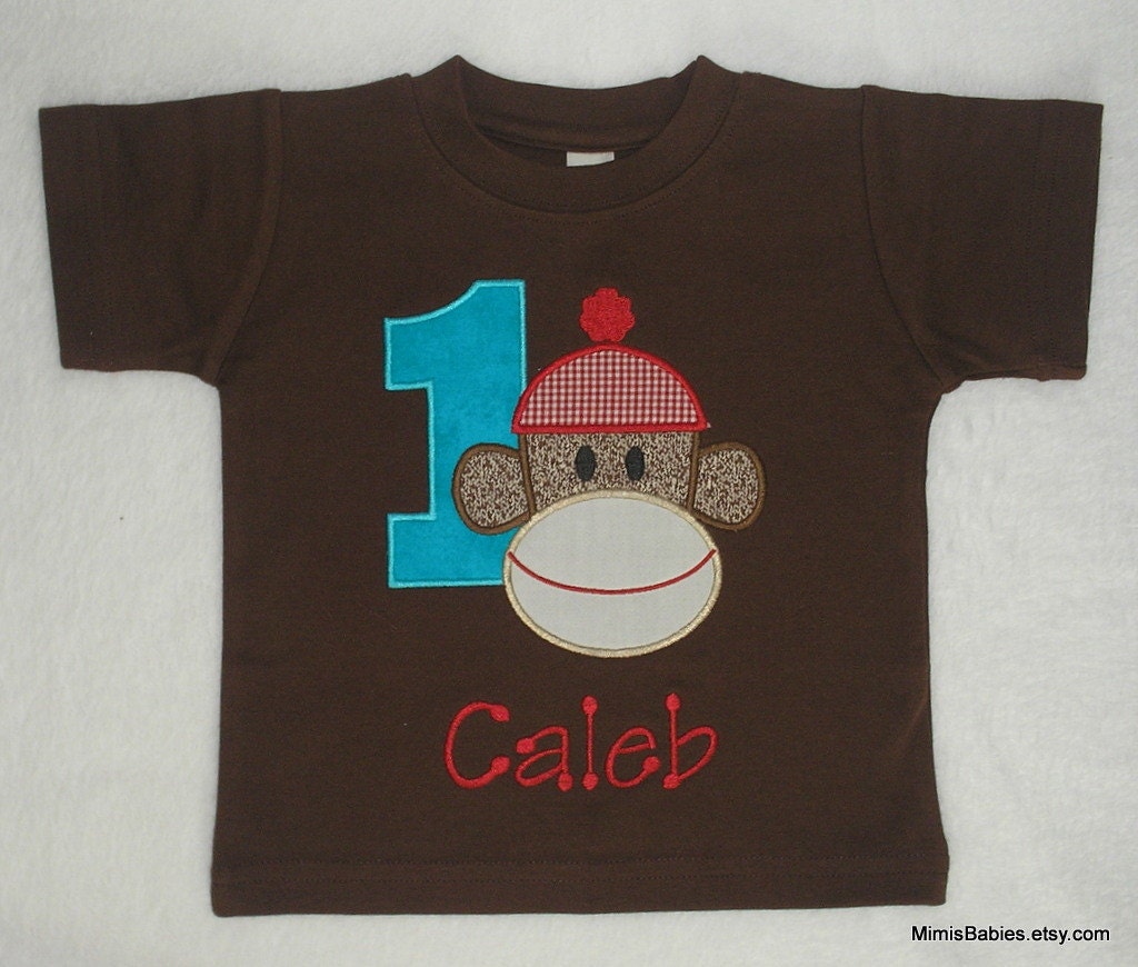 Sock Monkey Birthday Shirt in Turquoise and Red