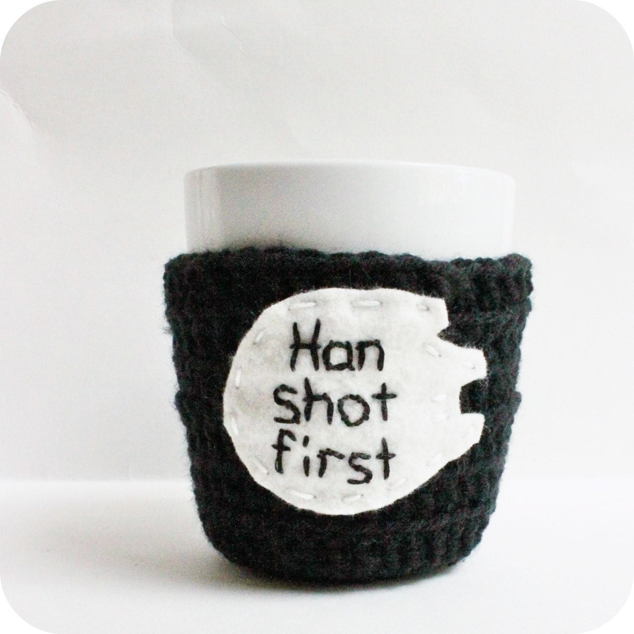 Han Shot First funny coffee mug cozy tea cup black white sci fi crochet handmade cover