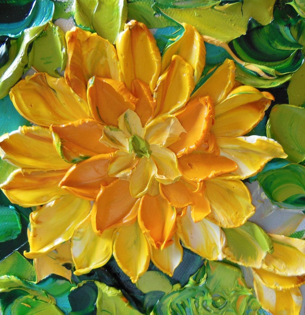 Oil Painting Impasto 6x6 oil Art  canvas Yellow Dahlias