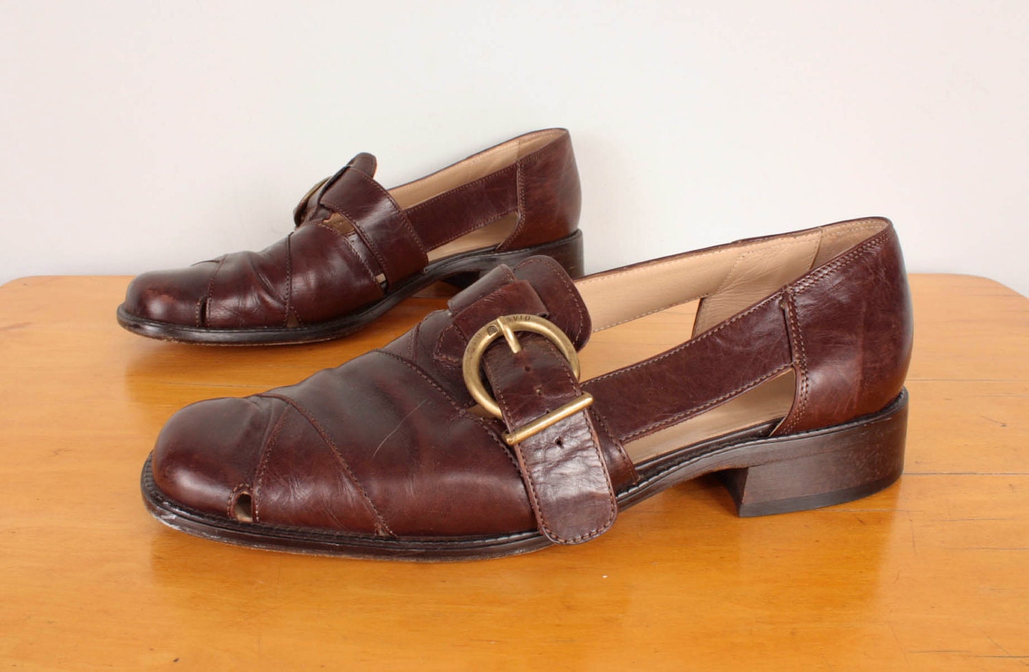 90s Buckled Loafers by Joan & David / Brown Cutout Italian Leather Buckle Flats - Womens 8.5 or 9 / Euro 39.5 - Flat Mary Janes w/ Cutouts