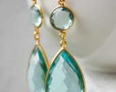 Gold Aqua Blue Quartz Teardrop Earrings - Teal Blue - Something Blue, Summer Weddings