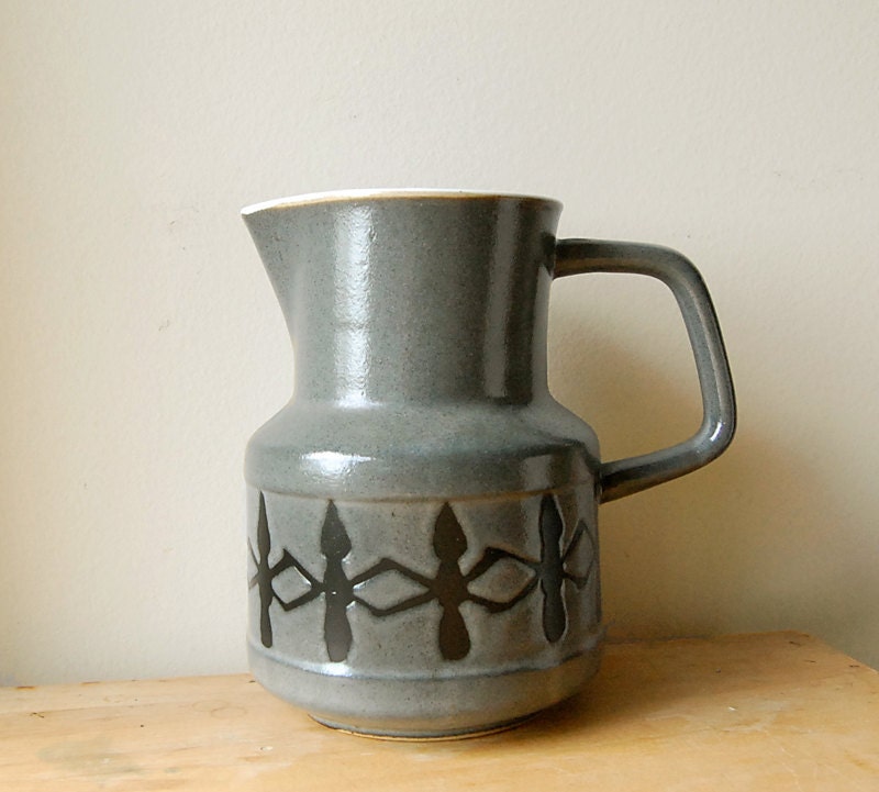 Vintage Ceramic 1970s Modern Grey Porcelain Pitcher with Black Geometric Design.