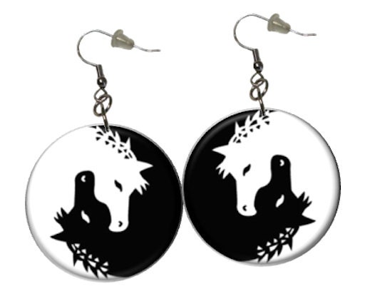 Yin yang Horse Black and White  Dangle Earrings Button1.25 inch
