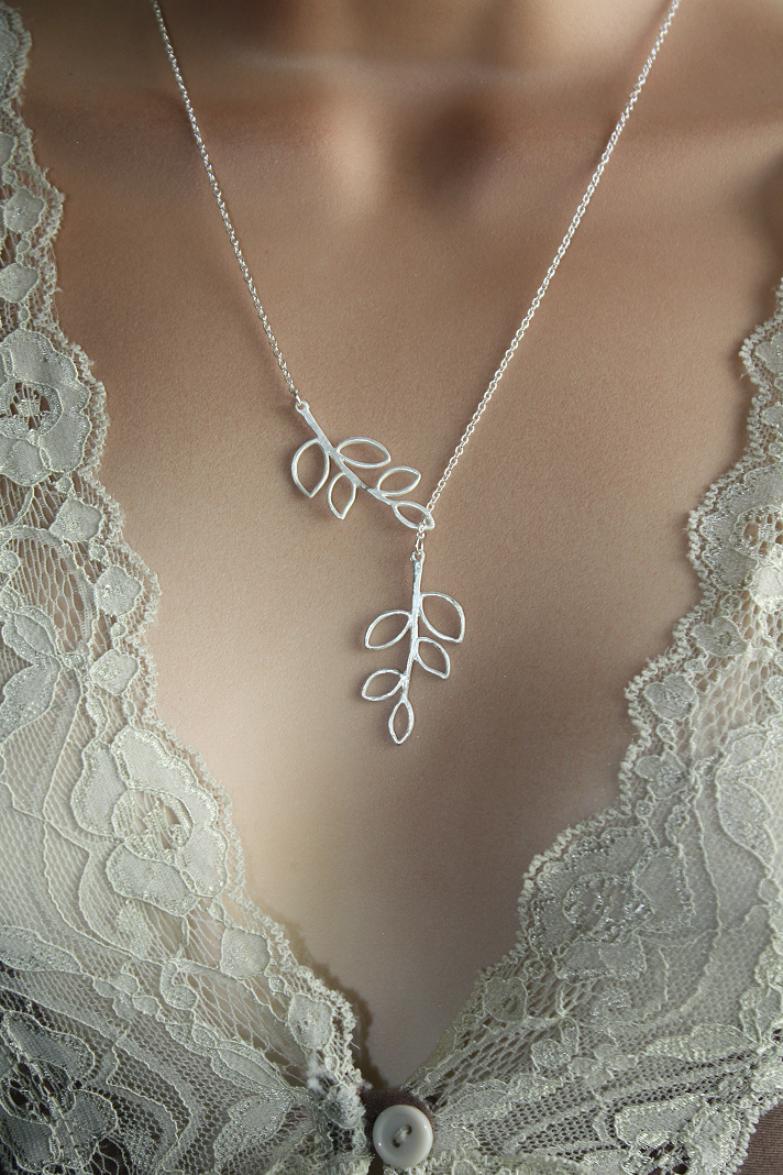 Silver Leaf Branches Lariat Necklace Leaves