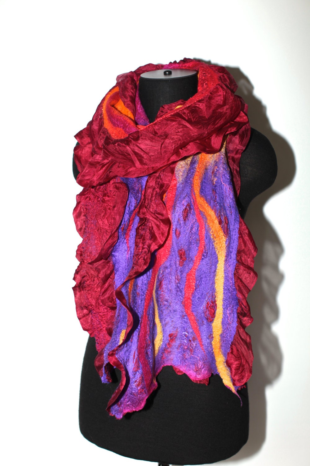 Nuno Felted Scarf Long Textured Merino Wool Silk Multicolor Women Scarf