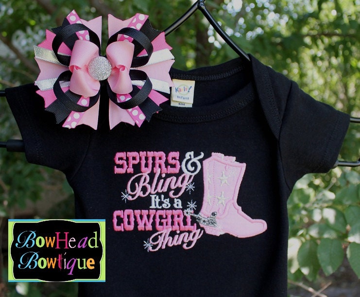 Spurs and Bling its a Cowgirl Thing - Black Applique Shirt or Onesie and Matching Hair Bow set for Girls