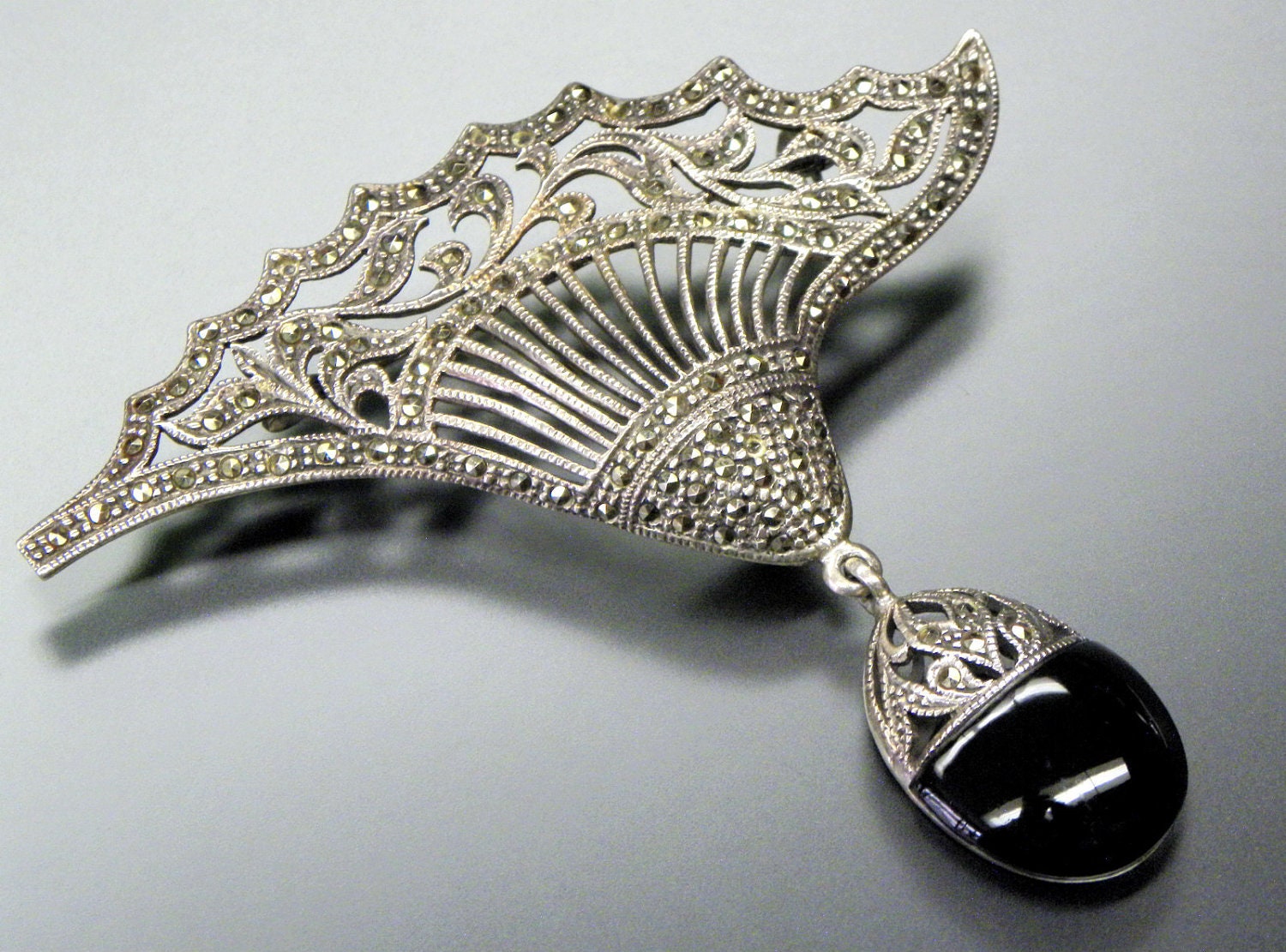 Stunning Art Deco Sterling Silver  Black Onyx Marcasite Vintage Brooch - GypsyRoadStudio