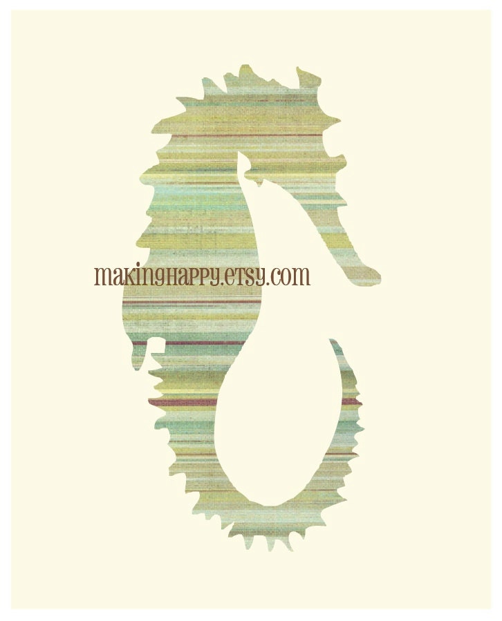 Seahorse Coastal Decor Art Print in Beach Stripes