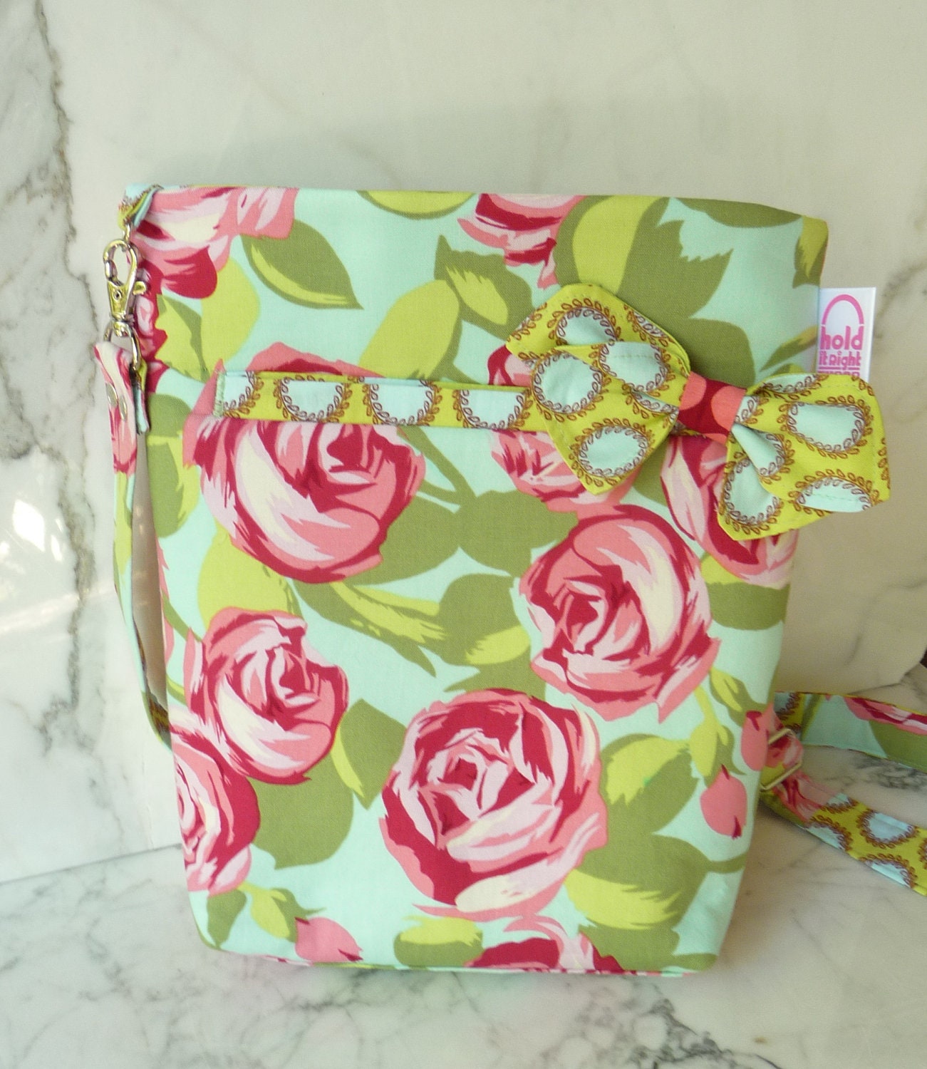 CROSS BODY HIPSTER Purse in Amy Butler Fabric -  with detachable Fabric Bow - Adjustable Strap - Zippered Pocket - Beaded Zipper Pulls