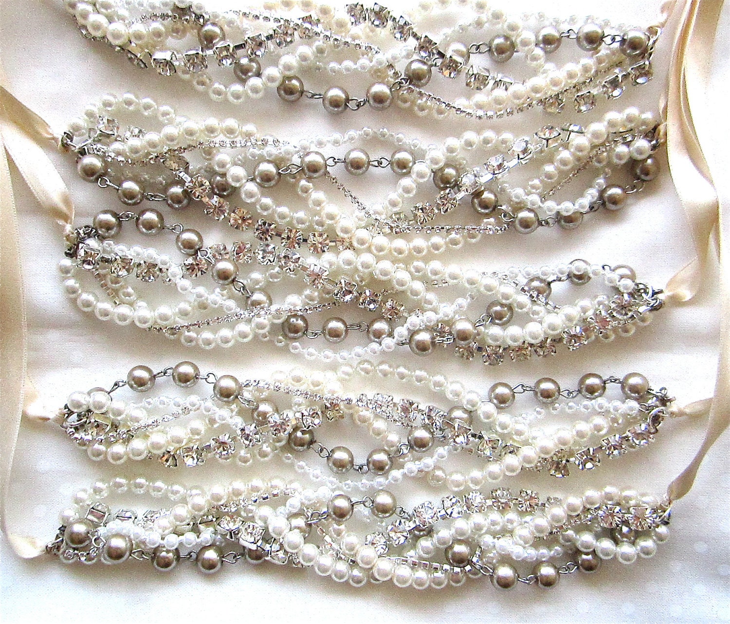 Rhinestone and Pearl Bridesmaid Necklace w/ Ribbon Color Your Choice & Swarovski Crystal Vintage Wedding- I'm Getting Married In the Morning