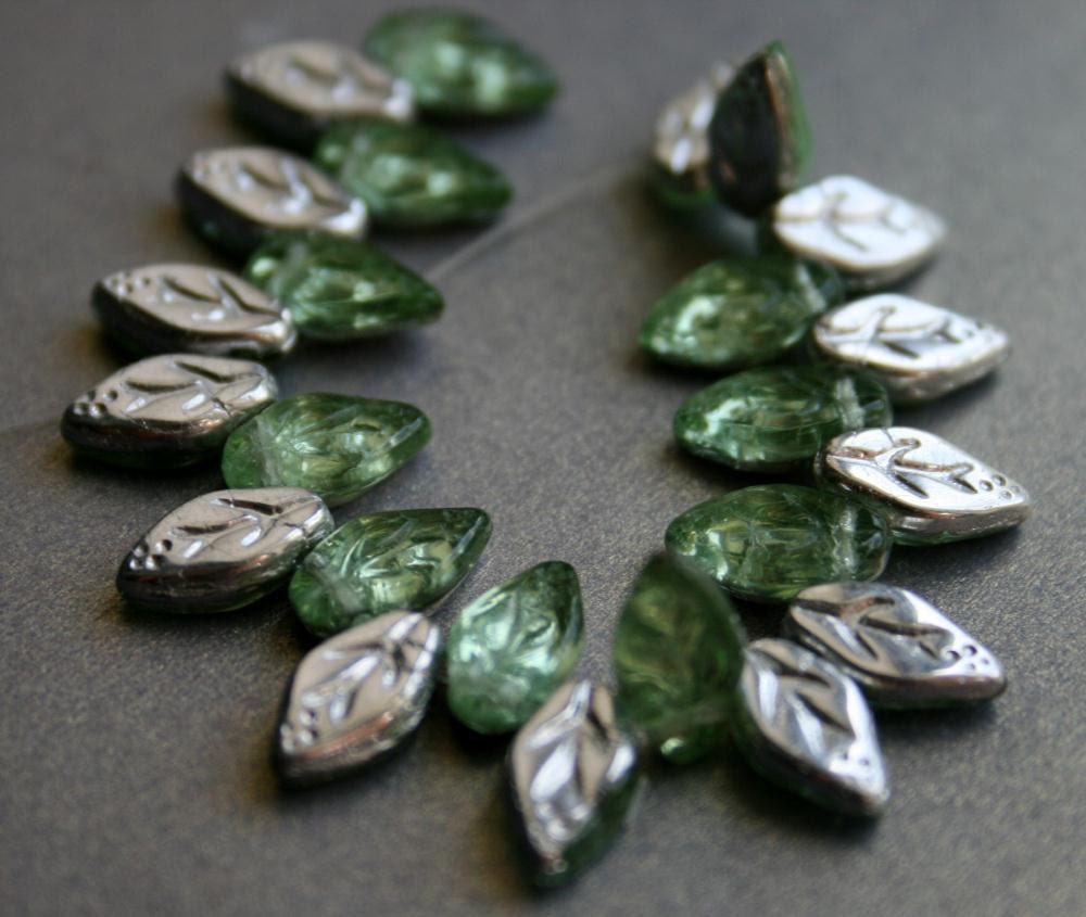 Silver Mint Czech Glass Leaves