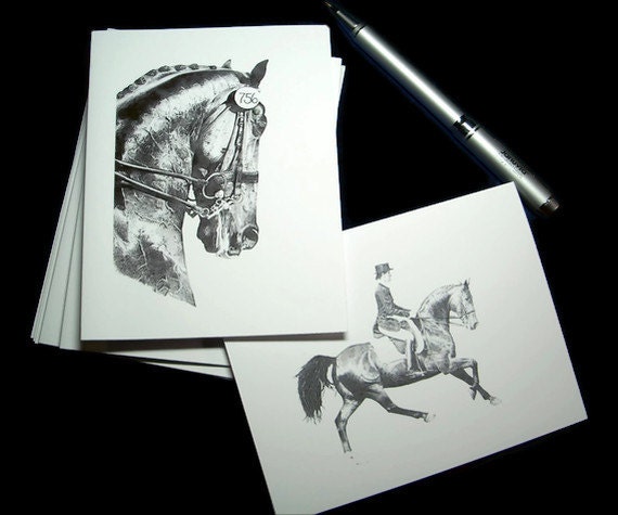 Note cards Dressage Horse Art Drawing Equine Equestrian Artwork Stationery Greeting Thank You Blank Card - Set of 6 w/ Envelopes