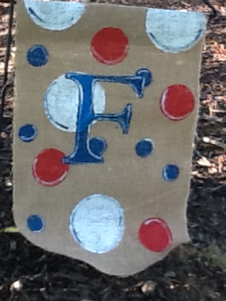 4th of July polkadot and monogram Burlap Garden Flag
