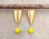 30% OFF COUPON SALE - Hello Sunshine - Brass Shield and Vintage Yellow Rhinestone earrings
