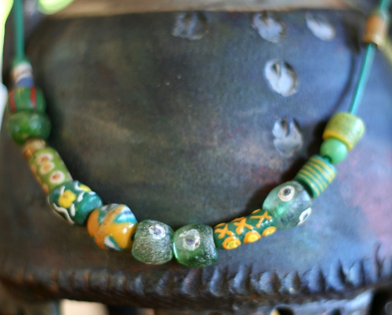 Green vintage African trade bead necklace