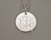 Sterling silver personalized script triple initial pendant necklace 1/2 inch round circle disc charm UTLVS
