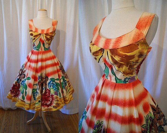 On Hold Show stopper 1950's hand painted Mexican tourist new look summer sun dress pin up girl rockabilly bombshell - size Small / Medium