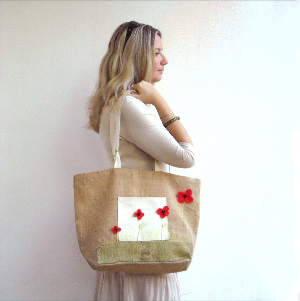 Poppies large tote jute bag - Lunica