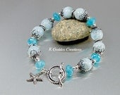 Aquamarine Gemstone Bracelet Angelite Bali Sterling Silver Blue Beaded Chunky Bracelet Silver Starfish Charm  March Birthstone