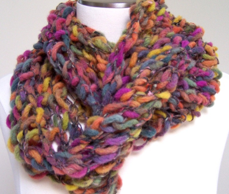 Chunky Knit Infinity Scarf, Wool Mohair Blend, Cowl, Loop Scarf, Green, Gold, Blue, Green, Pink, Gray