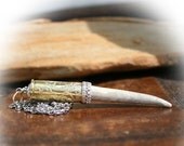Bullet Necklace, Genuine Deer Antler, Colt 45 Bullet Casing, Etched Flowers, Crystal, Sterling Silver Accents