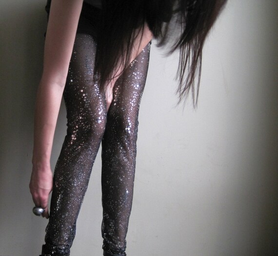 Constellation leggings - sheer black embellished sequin and glitter - medium