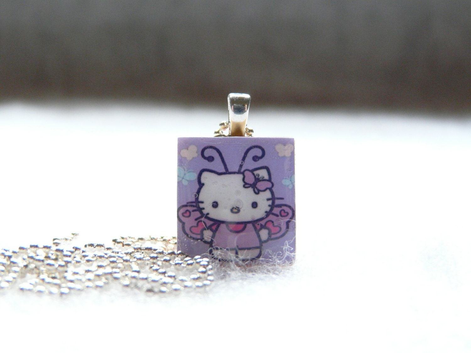 CLEARANCE - Hello Kitty Butterfly Scrabble Tile Pendant With Silver Ball Chain Necklace (A49)