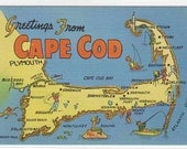 Greetings from Cape Cod Massachusetts Map linen postcard