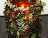 Glass candle holder-Mysterious Moss and Lichen covered Glass Votive Holder-Tea light Candle Included-Woodland Mossy Wedding Decor