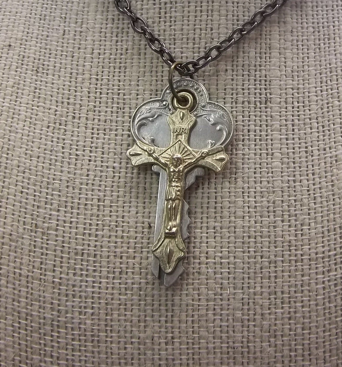 Crucifix And Vintage Key Necklace Gunmetal Chain Handmade Religious