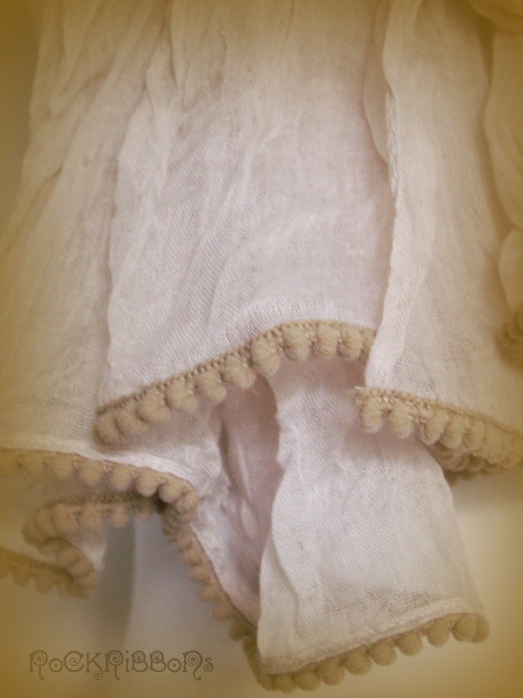 Long latté scarf - muslin cotton in pale coffee - pom pom trim - large wrap - head cover - neck warmer - cotton scarf - shoulder wrap.